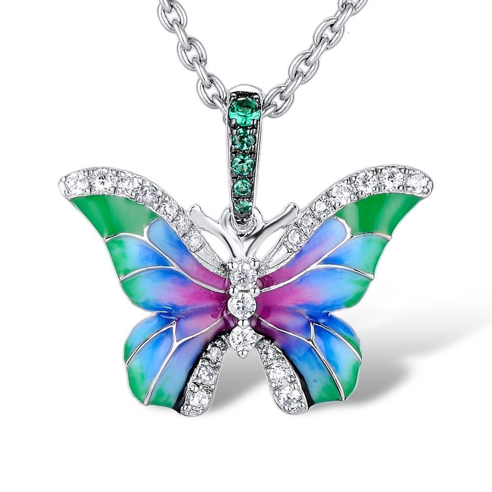 Collier en Y Idyllia Lilia, Papillon, Bleu, Métal rhodié